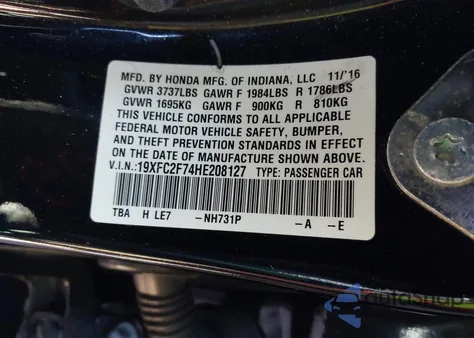 2017 Honda Civic Ex from USA, damaged, VIN 19XFC2F74HE208127